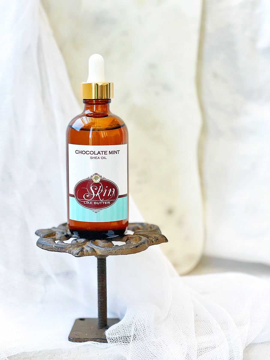 CHOCOLATE MINT - Shea Body Oil - 4 oz amber bottles, highly moisturizing