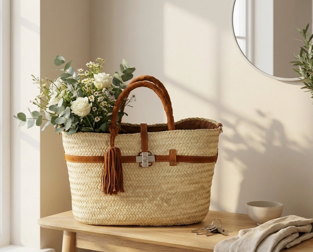 SKIN LIKE BUTTER & CO ~ LIFESTYLE - Moroccan Hand Made Raffia and Suede Resort Tote