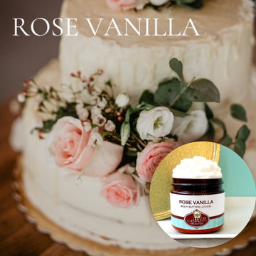 ROSE VANILLA scented Body Butter in an amber  2, 4, 8, or 16 oz bottle or jar