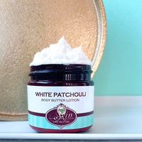 WHITE PATCHOULI scented thick luxurious Body Butter in 2 oz to 16 oz jars or bottles