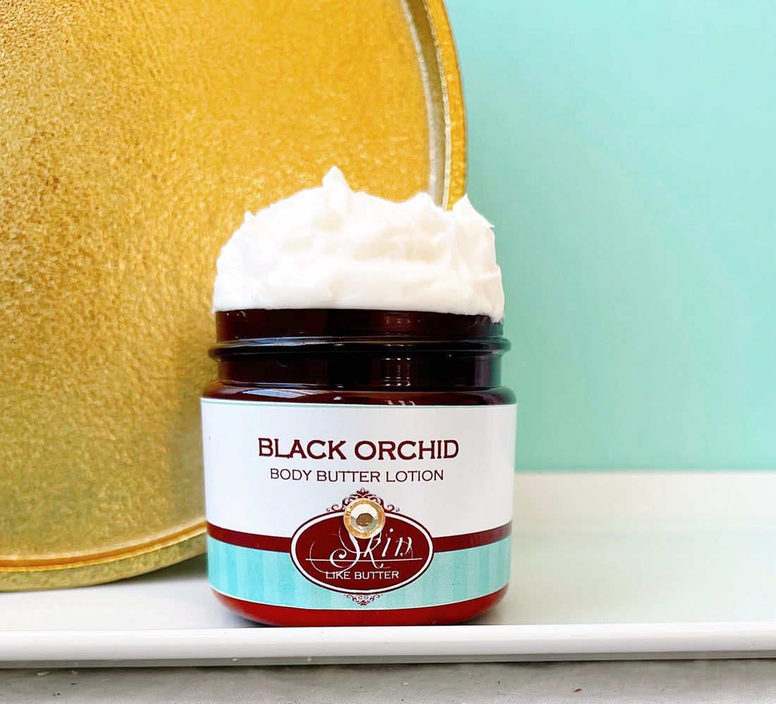 BLACK ORCHID scented Body Butter in an amber  2, 4, 8, or 16 oz bottle or jar